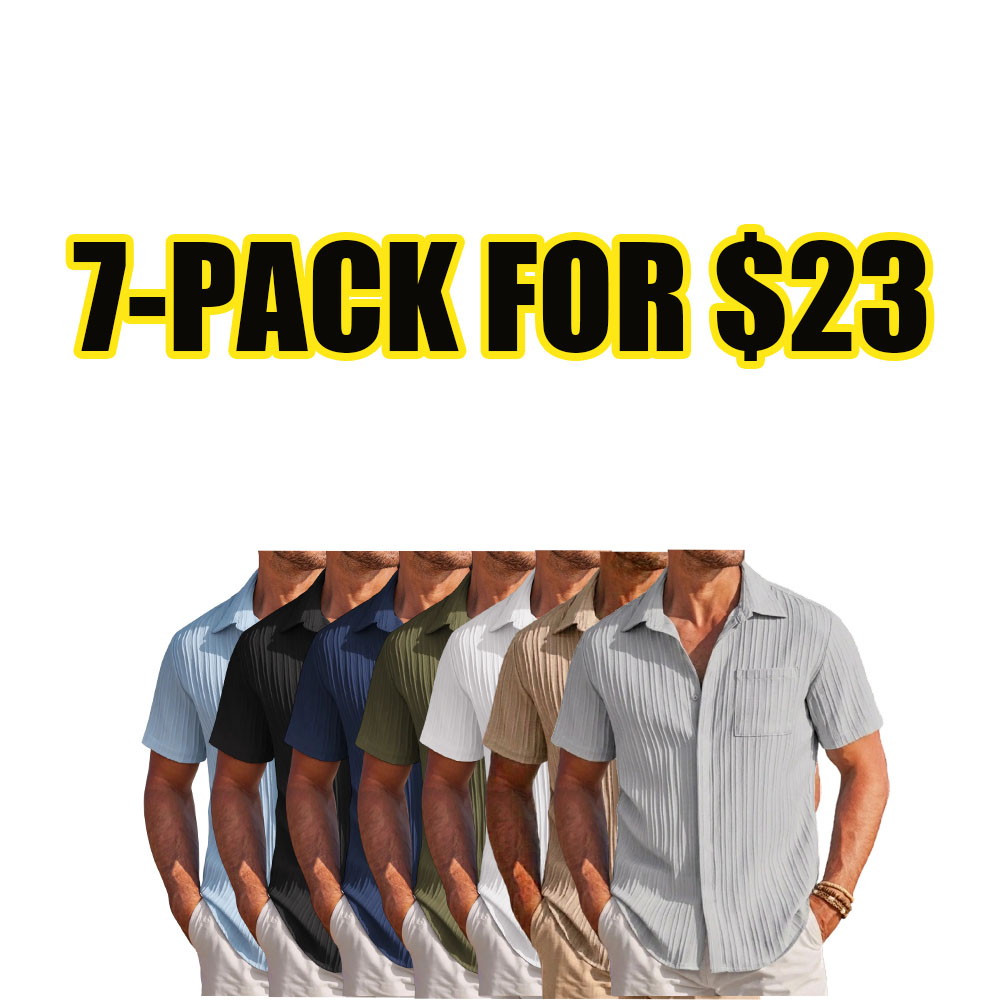 👔 Men’s Navy Textured Short Sleeve Button Down Shirt – Casual Summer Beach Shirt