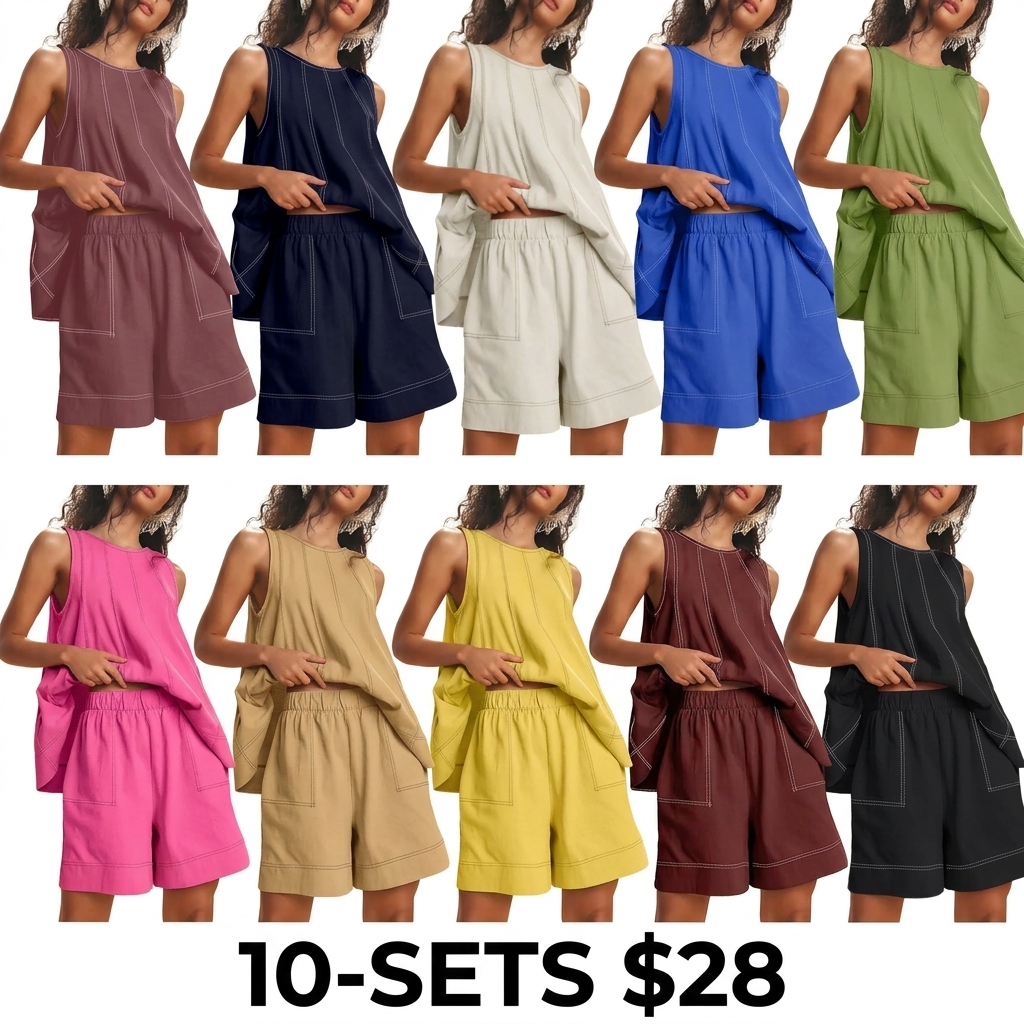 Women's 100% Cotton 2-Piece Set – A-Line Tank Top & High Waist Shorts with Pockets