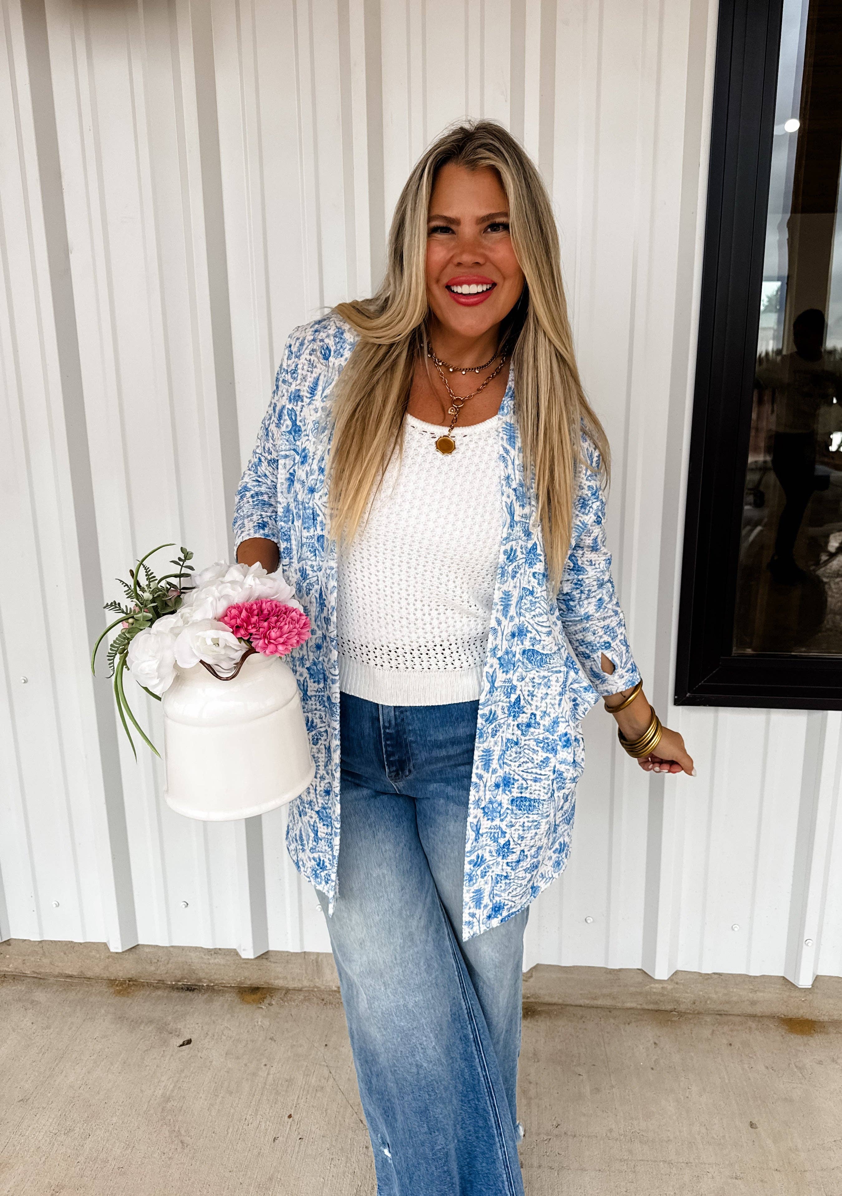 Lola Full Size Easter Print Cardigan in Blue