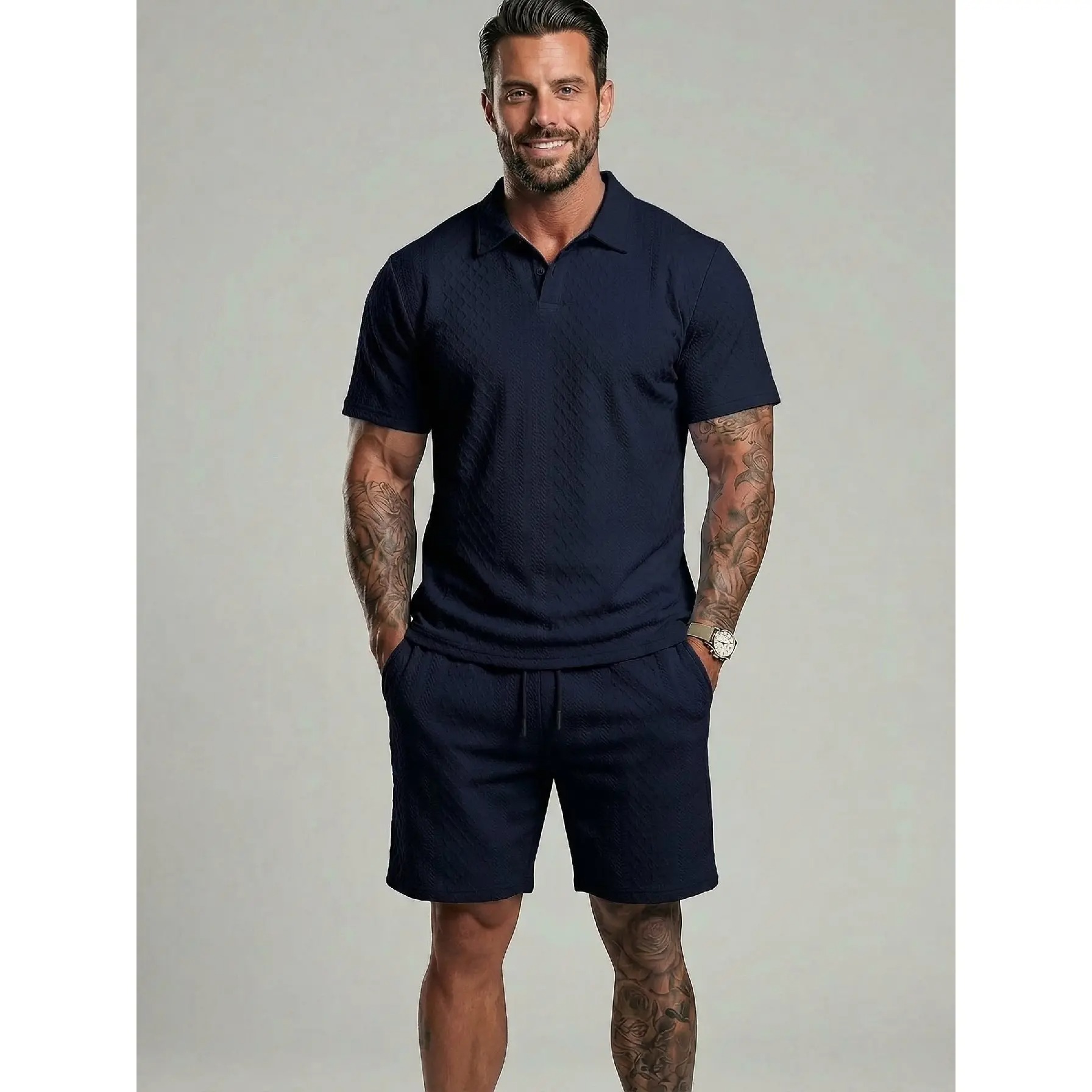 Men's Solid Polo Shirt & Drawstring Shorts 2-Piece Set Casual Breathable Daily Outdoor Outfit