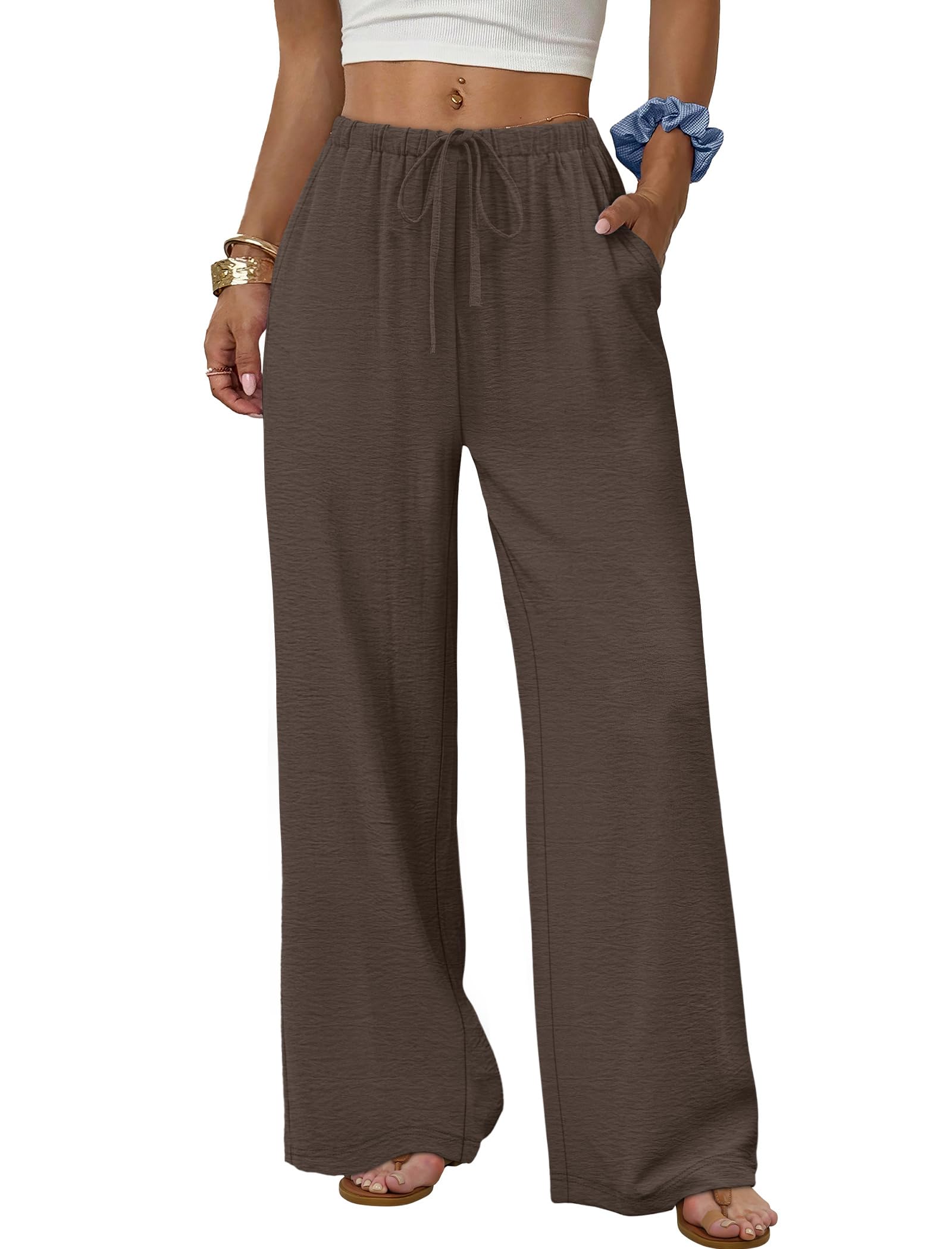 ✨ MAY SALE | Wide Leg Pants for Women Flowy Palazzo Drawstring Elastic Waist Trousers with Pockets-100% Cotton✨