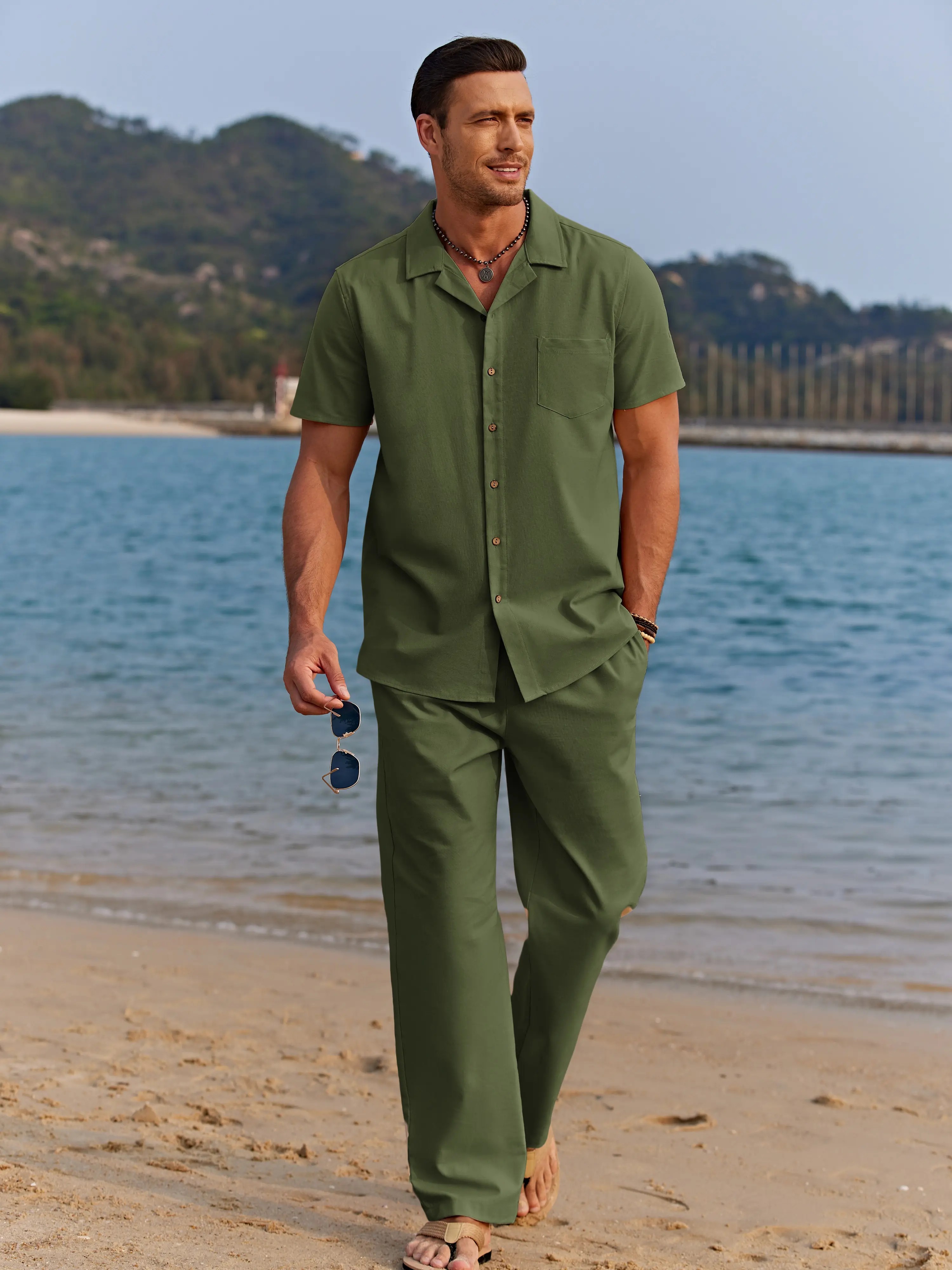 Men's 2-Pack Linen Beach Set – Camp Collar Button Down Shirt & Loose Drawstring Pants, Breathable Summer Outfit