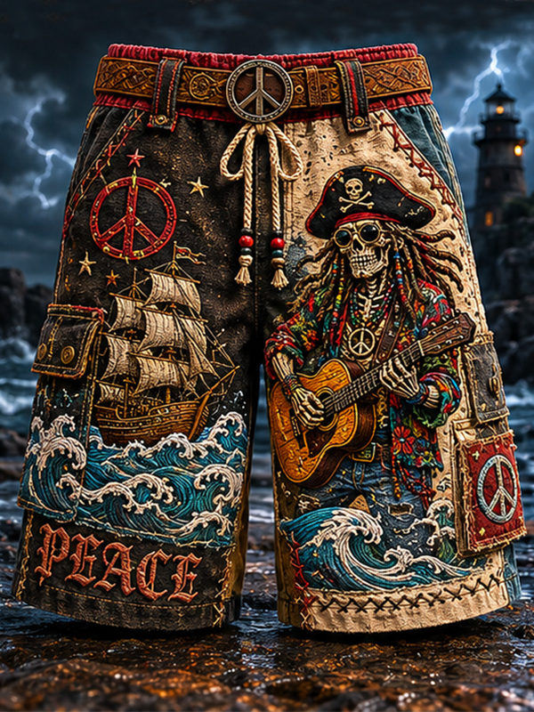 Men's Skeleton Pirate Playing Guitar Ocean Dark Art Print Casual Shorts