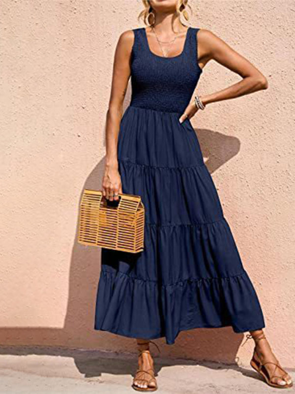 Spaghetti Strap Skirt Pleated Stitching A-Line Large Hem Dress