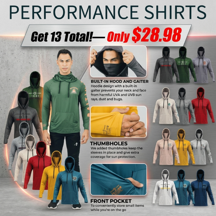 🔥🔥Men’s Hooded UPF 50 Work & Fishing Shirt with Built-In Face Gaiter