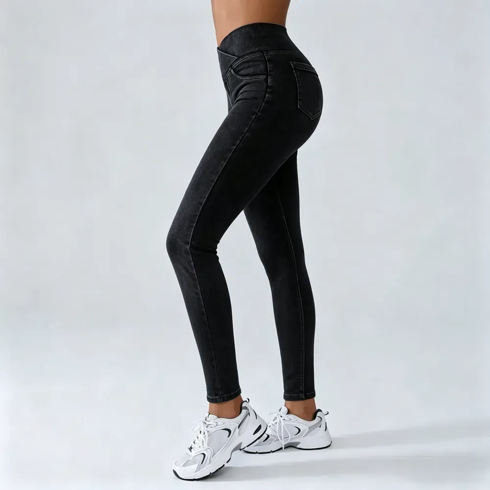 Women's High-Waisted Stretch Jeans with Crossover Design — Slim-Fit Flared Denim Leggings