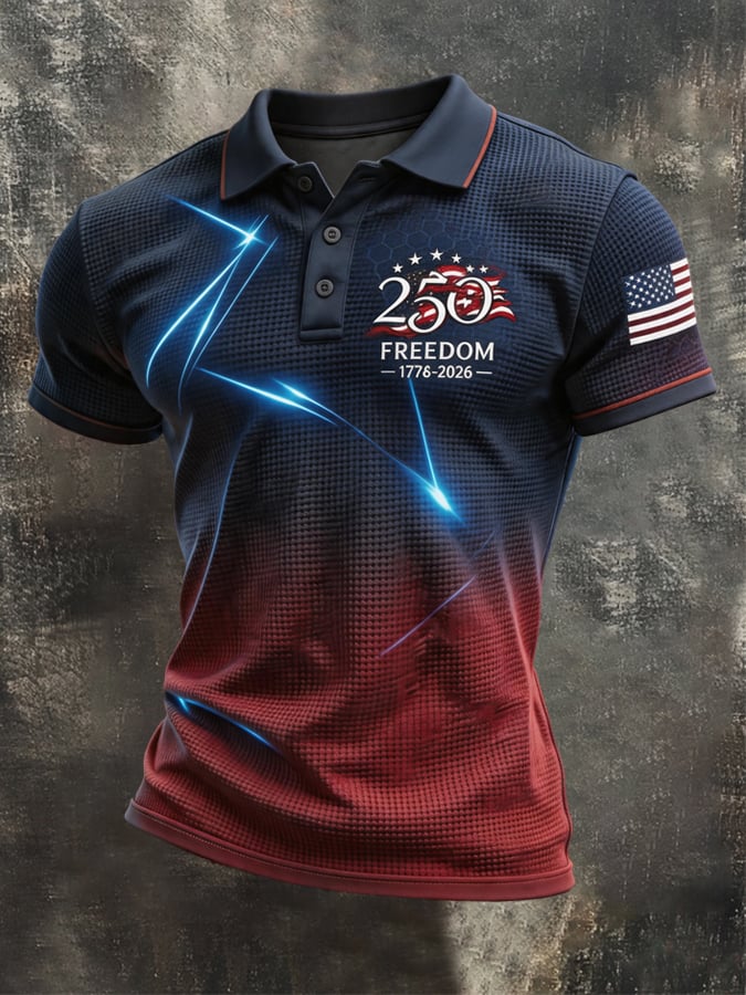 Men's Retro Waffle-Knit Patriotic Color-Block Short-Sleeve Polo Shirt