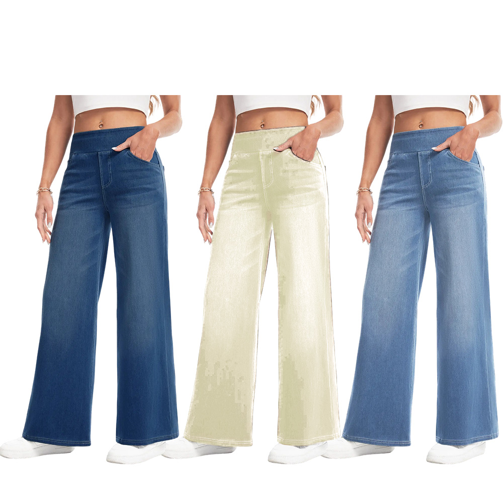 Wide Leg Stretchy Jeans for Women Loose Fit Elastic High Waist Pants