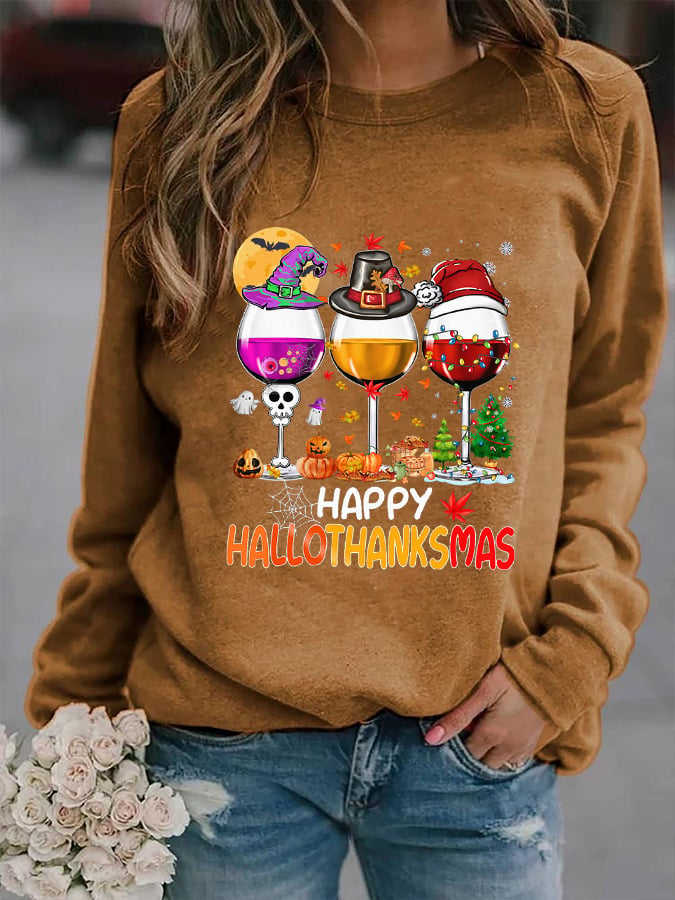Women's Happy Hallothanksmas Wine Print Sweatshirt