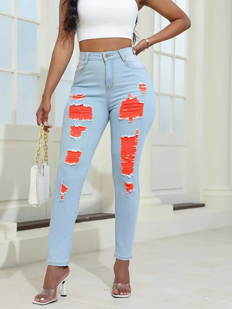 Women's Fashion Yellow Ripped Distressed Skinny Jean Slim Fit Denim Pants