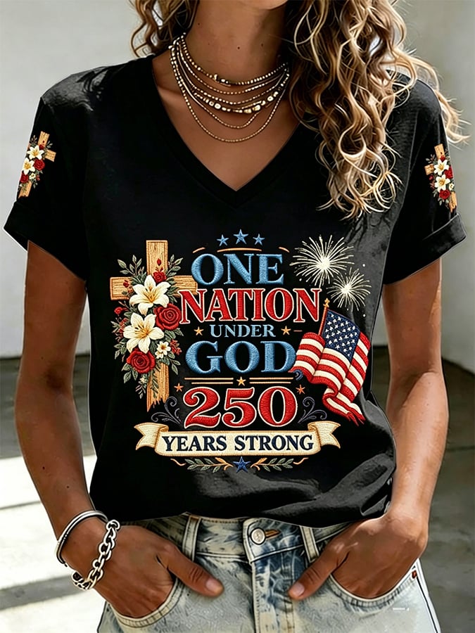 Women's America 250 Years Strong One Nation Under God Print Casual T-shirt