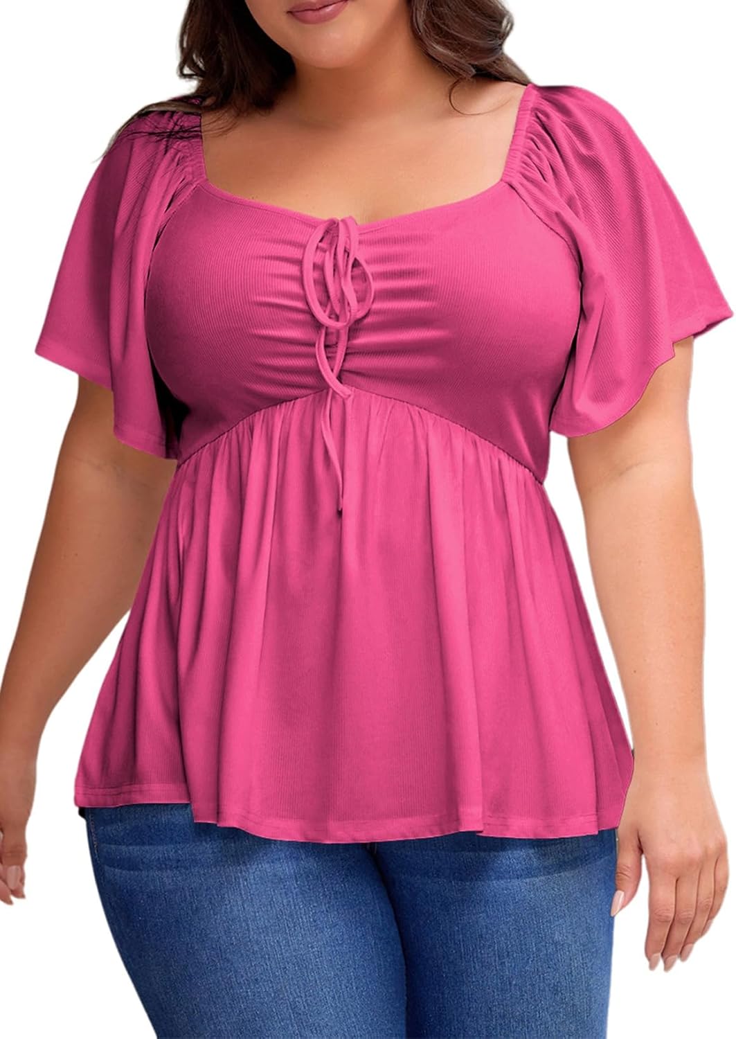 Womens Plus Size Tops Short Sleeve Sweetheart Neck Shirred Peplum Blouse Shirts
