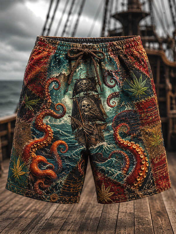 Men's Vintage Patchwork Pirate Ship Octopus Print Casual Shorts