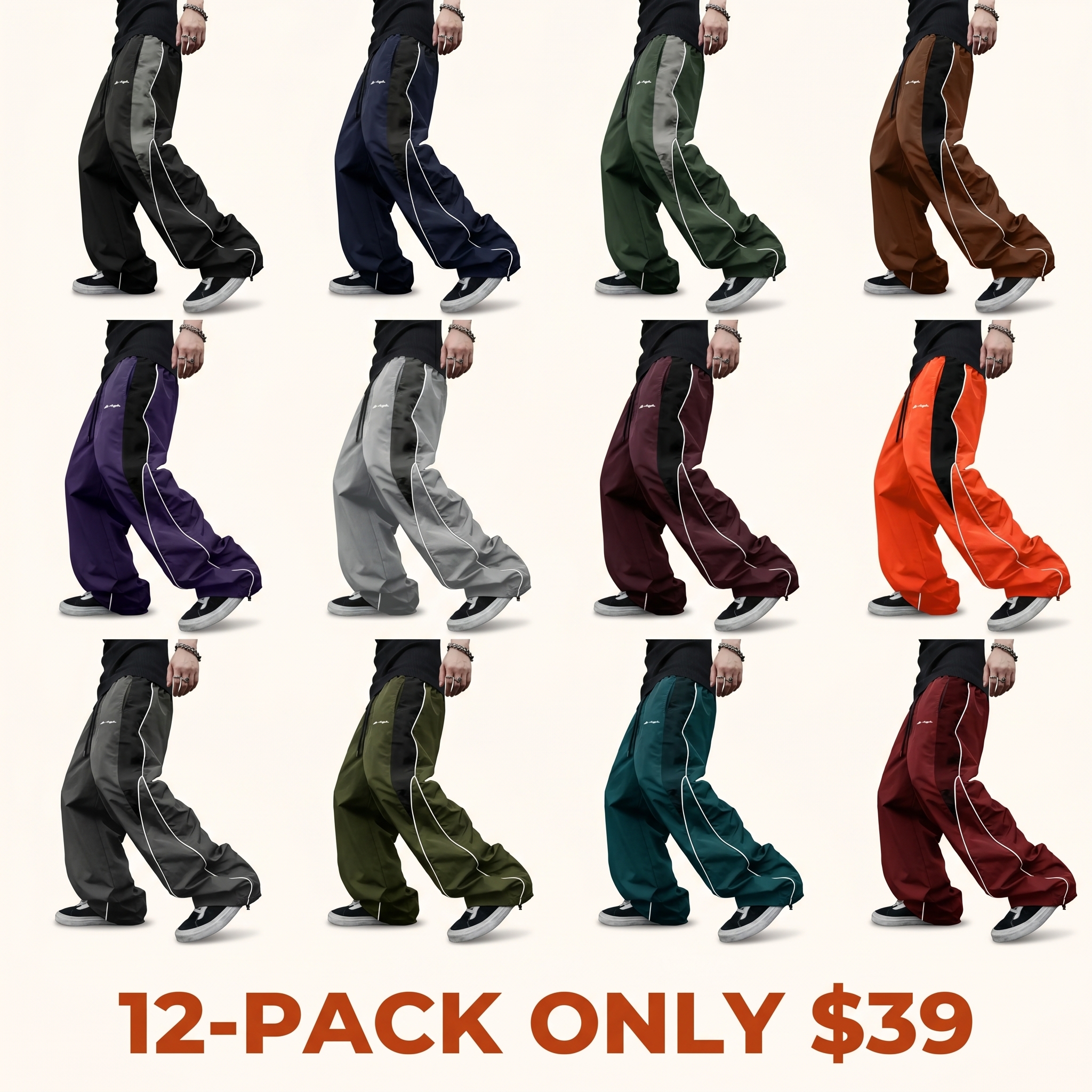 Men's High-Street Style Color-Block Spliced ​​Wide-Leg Pants with Side Stripes and Drawstrings