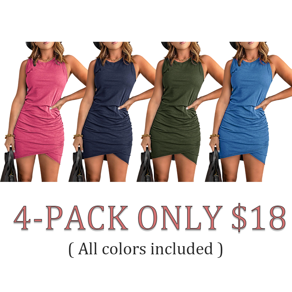 Women's Plain Ruched Wrap Tank Sundress, Casual Sleeveless Round Neck Bodycon Dress for Summer, Ladies Clothes for Daily Wear
