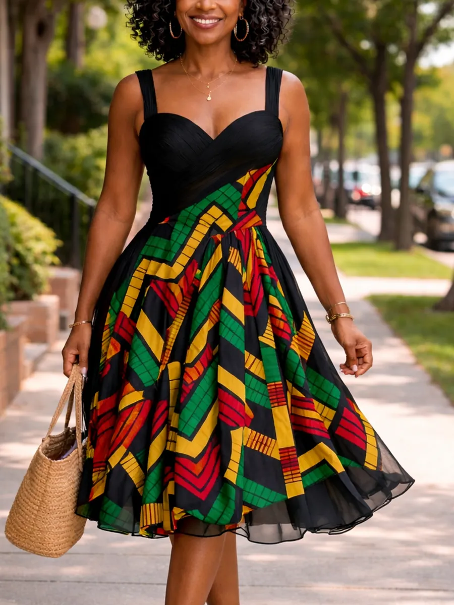 Black Sweetheart Neck Sleeveless Midi Dress with African Print Patchwork Skirt