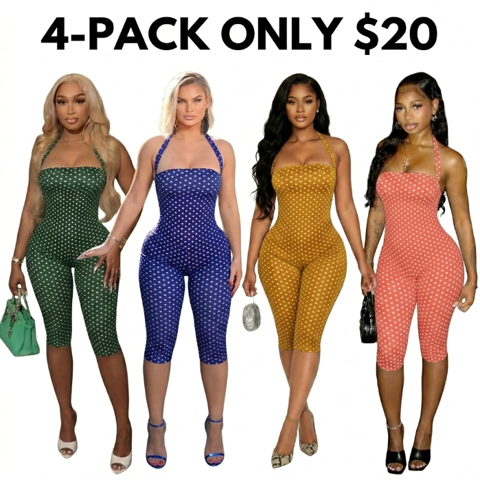 Women's Polka Dot Sleeveless Halter Bodycon Fit Long Pants, Elegant Retro Chic Style