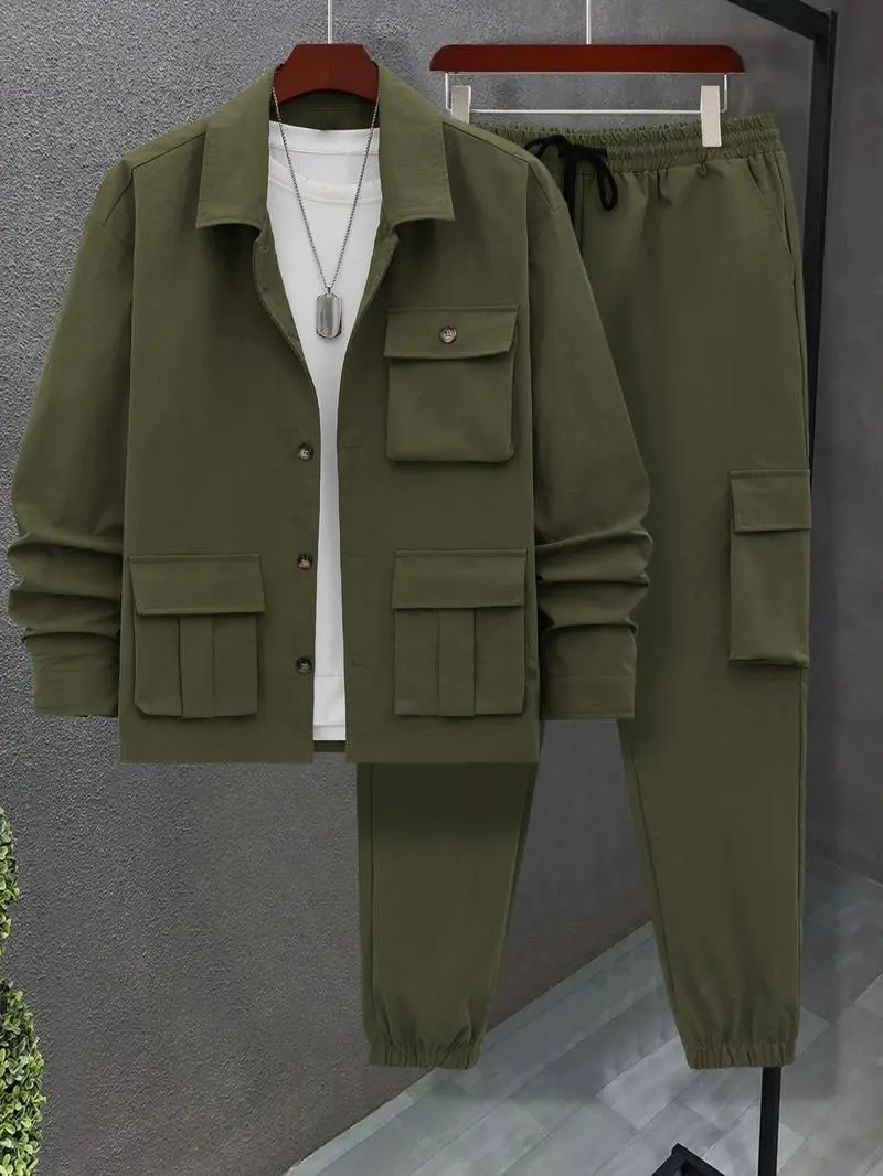 Men's Casual Solid 2-Piece Shirt & Pants Set (Long Sleeve, Spring & Fall)