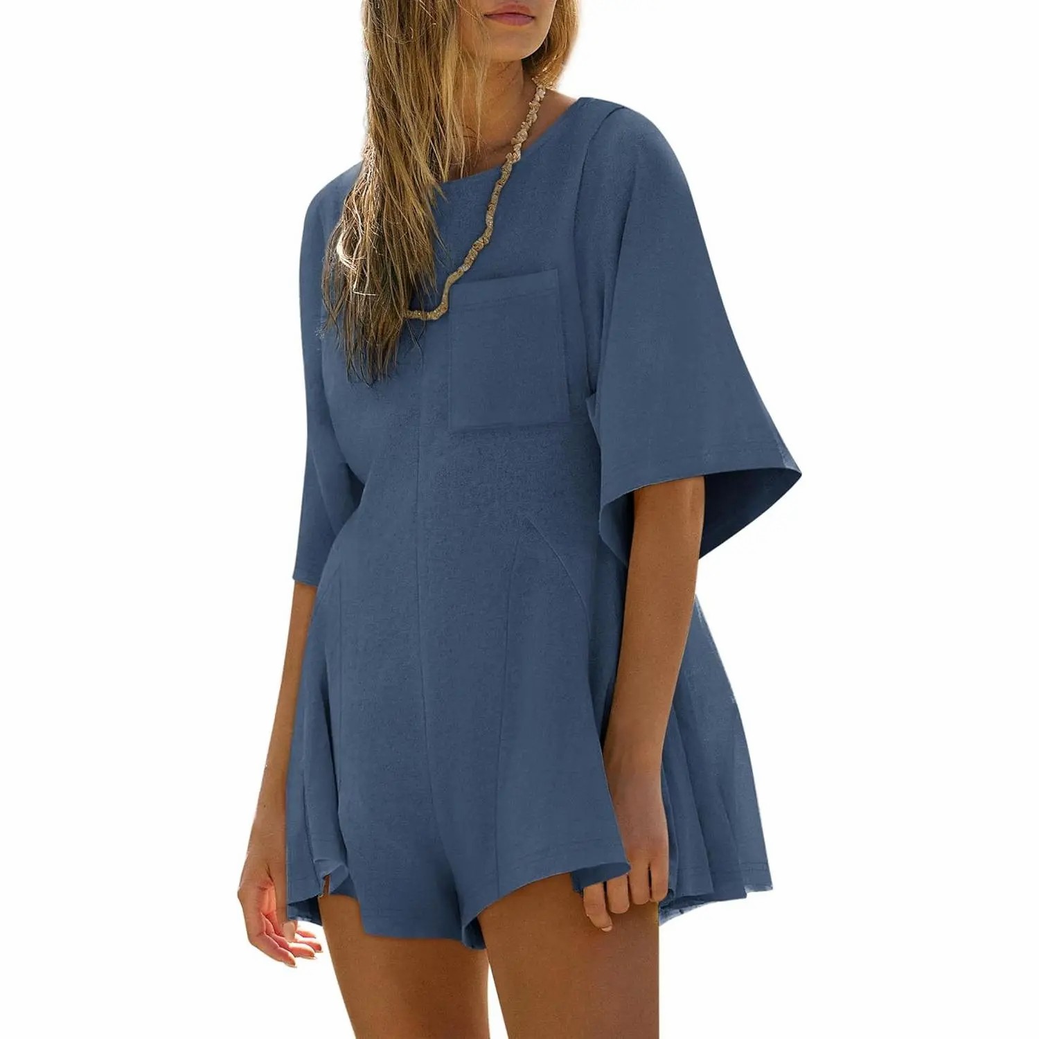 Women's Short Sleeve Loose Jumpsuit – Casual Crew Neck Romper with Pockets