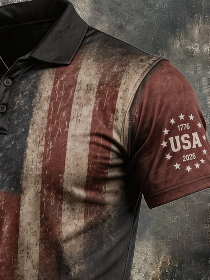 Men's Retro Patriotic Color-Block Short-Sleeve Polo Shirt