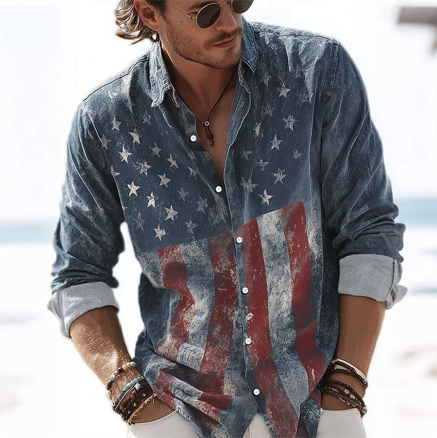 Men'S Retro Independence Day Flag Printed Casual Shirt