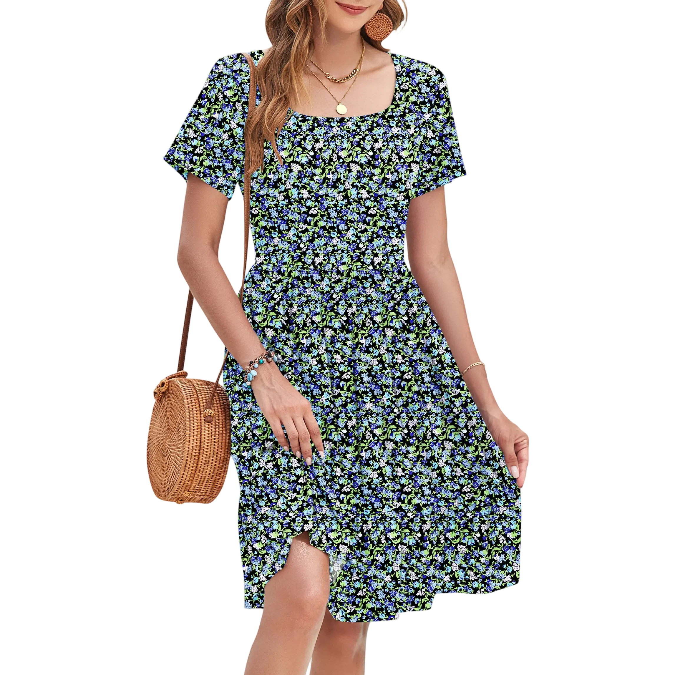 Women Square Neck Ditsy Floral Dress