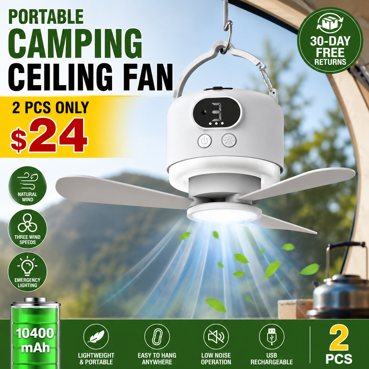 Portable Camping Ceiling Fan Camping Fan 10400mAh, USB Rechargeable Tent Fan, with Remote Control, LED Lights, Detachable Fan Blades