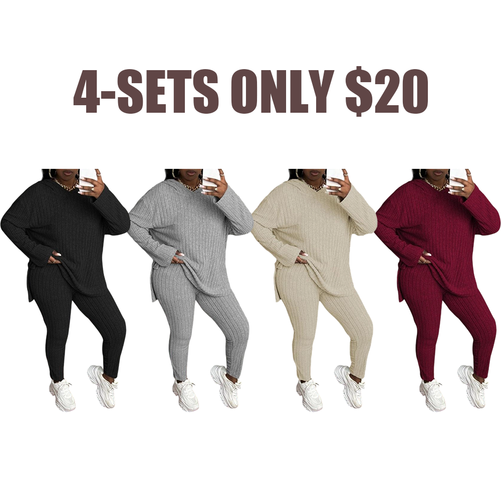 [Plus Size]Women's Two-Piece Set Solid Textured Ribbed Drop Shoulder Hoodie & Elastic Waist Pants, Casual Fashion Cozy Ribbed Outfits