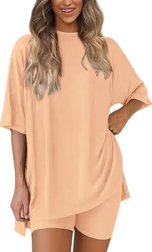 🔥Women's Two Piece Lounge Set 2026 Summer Casual Oversized Shirts Biker Shorts Matching Airport Travel Outfit