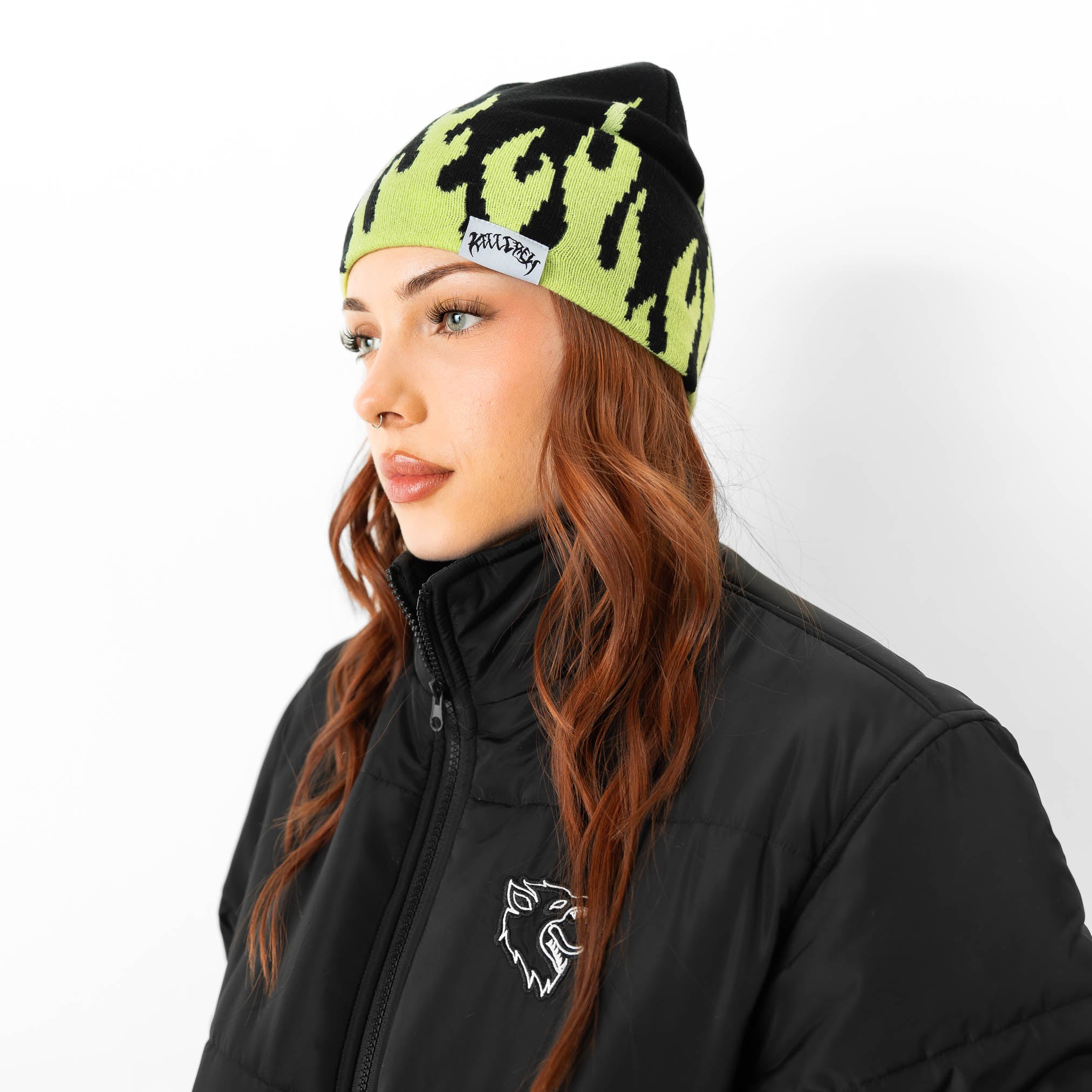 FLAME SKULL CAP BEANIE - BLACK / GREEN
