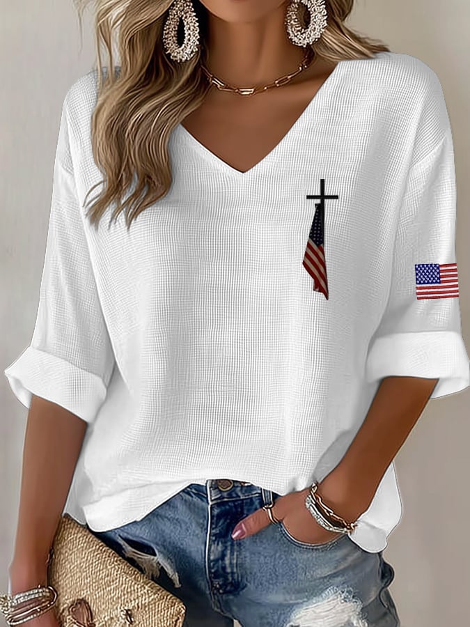 Women's Vintage American Flag 250th Anniversary Print Casual Waffle T-Shirt