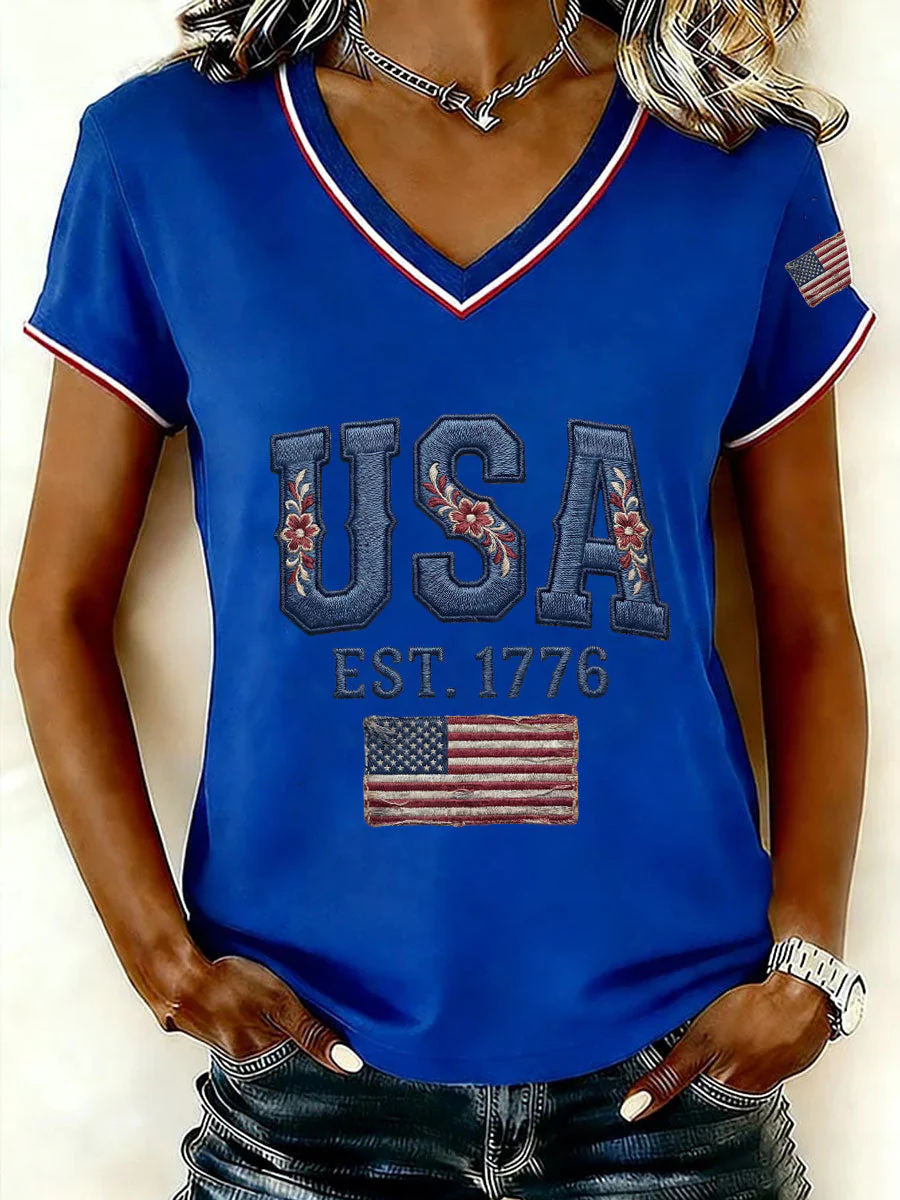Floral Embroidery USA Flag Patch Retro V-Neck T-Shirt