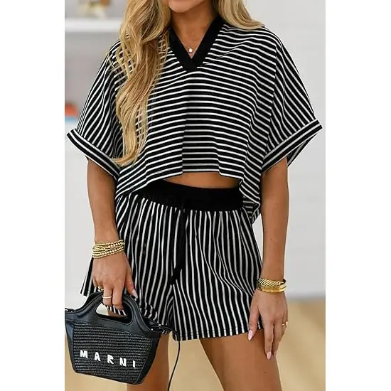 Womens Striped 2 Piece Short Sets