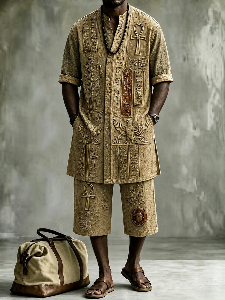 Ancient Egyptian Totem Embossed Men’s Short Sleeve Shirt & Shorts Set