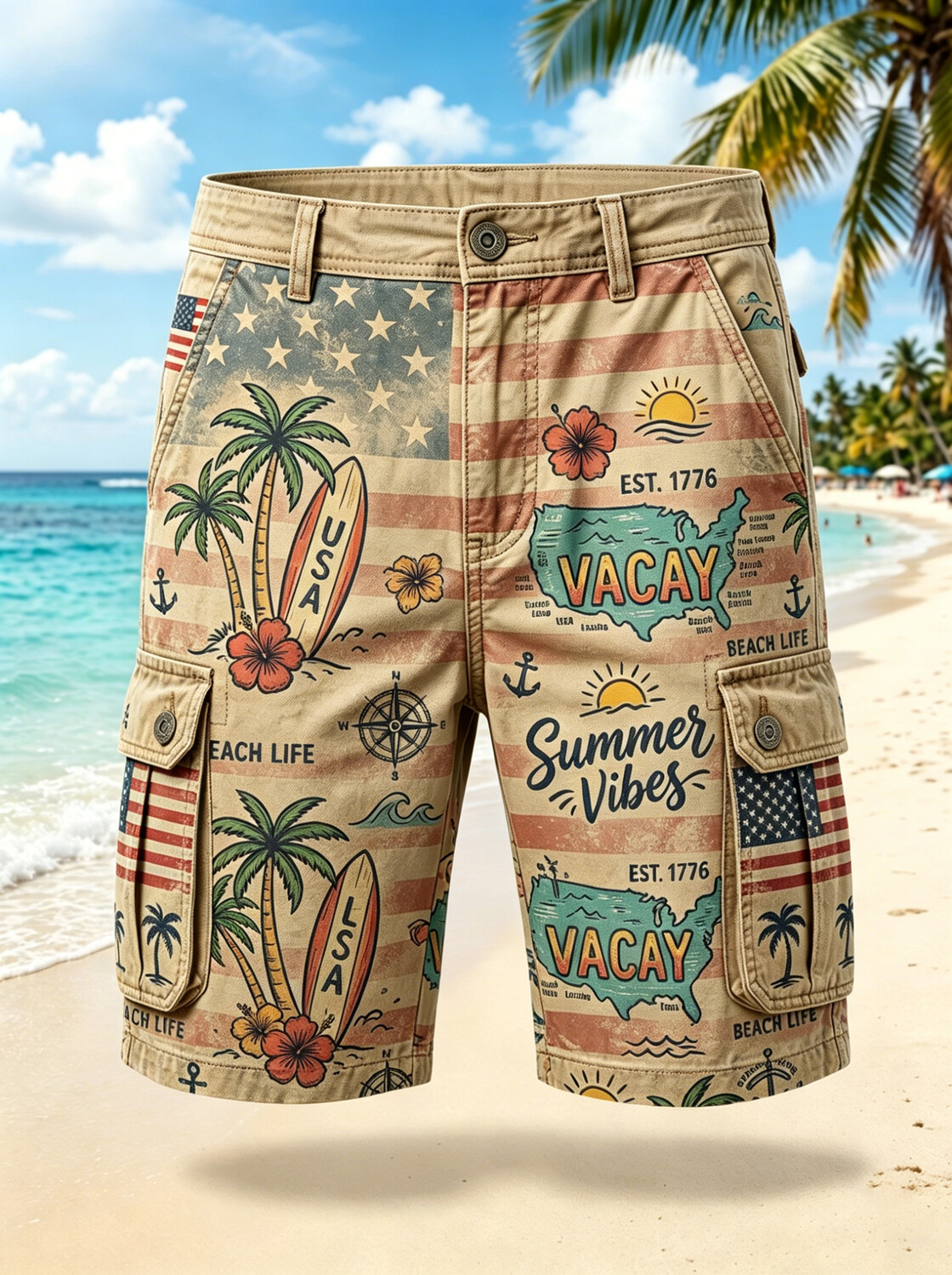 Men's Hawaii Summer Vibes Hibiscus Palm Tree Print Cargo Shorts
