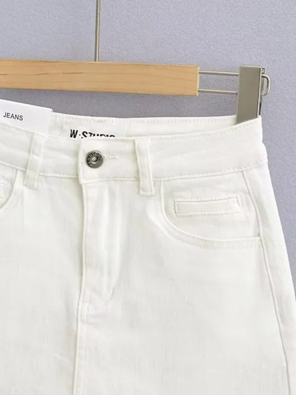 High-Waist Elastic Slim-Fit Distressed Edge A-Line Denim Mini Skirt