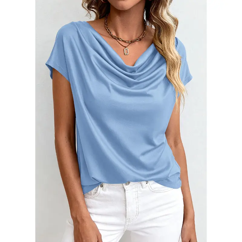 Women's Cowl-Neck Short-Sleeve Top — Elegant Casual Wear, Summer Shirt