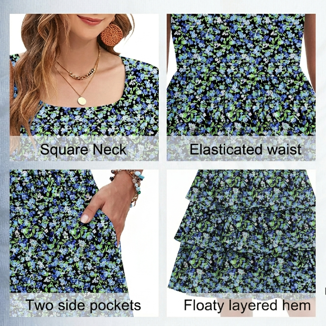 Women’s Square Neck Ruffle Summer Dress with Pockets