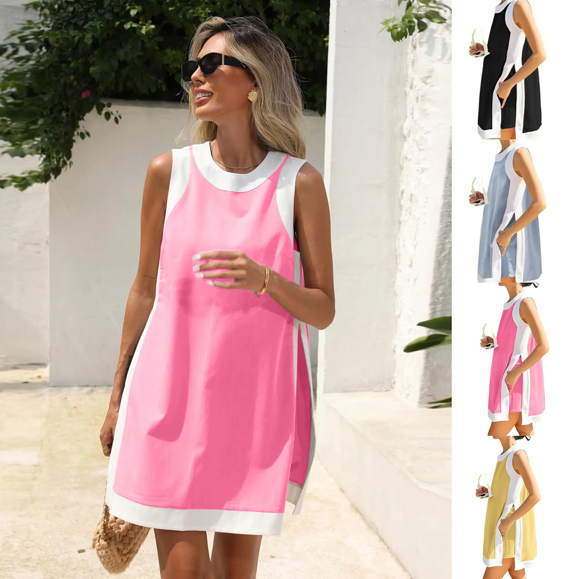 Women's Casual Two Piece Sets Color Block Crewneck Sleeveless Pullover Tops Matching Shorts With Pockets