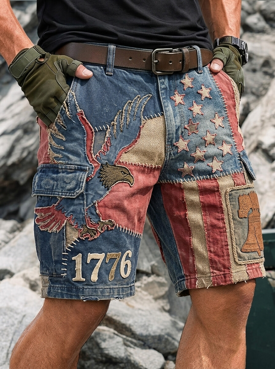 Men's Stars And Stripes Eagle Graphic Print Cargo Shorts