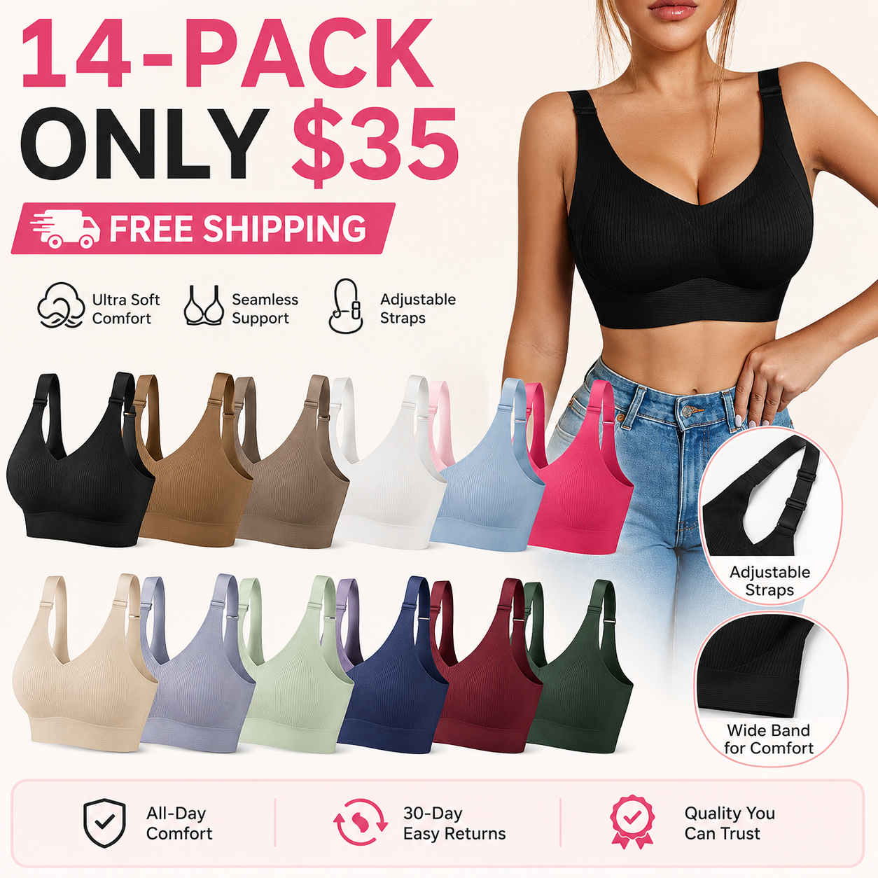 🔥LAST DAY SALE 70% OFF💕Women's Solid Wireless Bra, ComfortableBreathable Push Up Bra