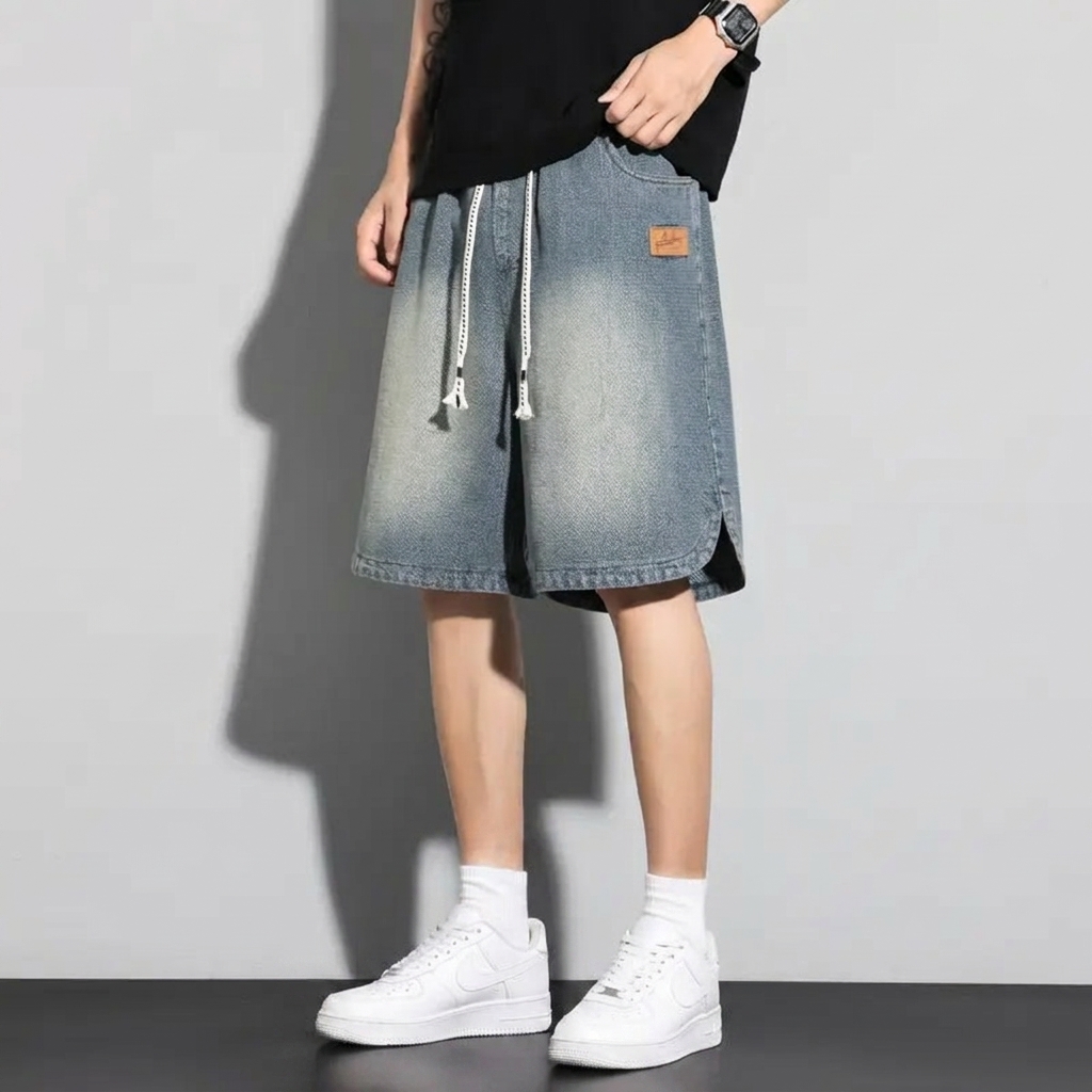Men's Mid-Length Denim Shorts with Starry Sky Pattern