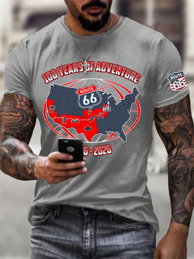 Men's Vintage USA Flag Road Trip Print Round Neck T-shirt