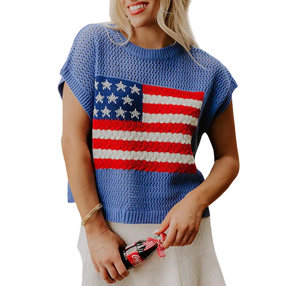 Women's American Flag Graphic Relaxed Fit Short Sleeve Knit Sweater Top