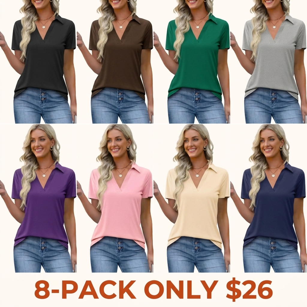 Women's Short-Sleeve Slim-Fit Lightweight Polyester V-Neck Polo Shirt