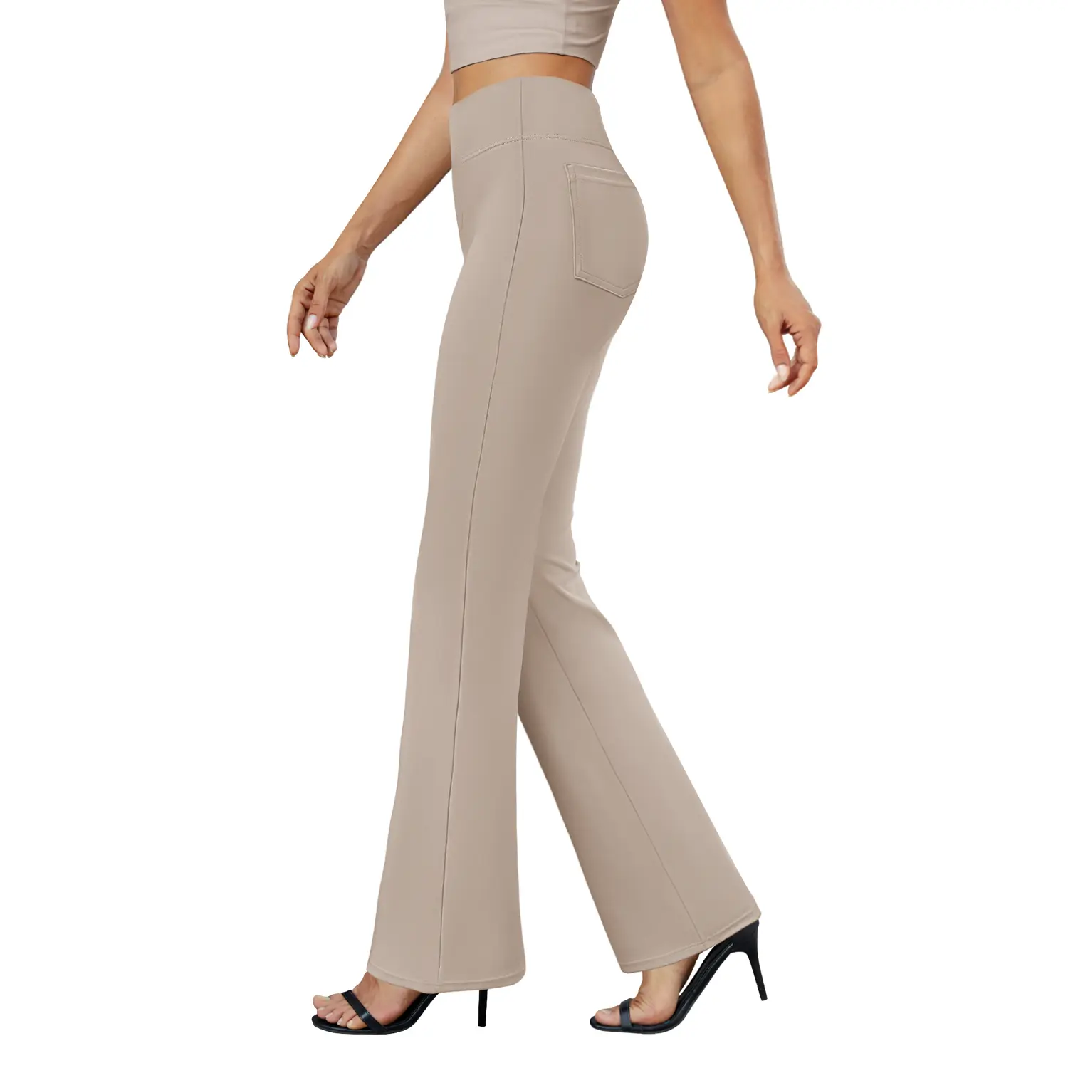 2026 FireSwan Flex High-Waisted Elastic Yoga Pants for Women, featuring back pockets, slightly flared legs, and a tummy-control design, suitable for office and everyday wear.