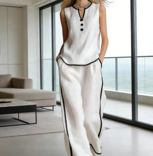 Women's Contrast Trim V-Neck Lounge Set - Sleeveless Wide Leg Pants Outfit - Mother's Day Gift