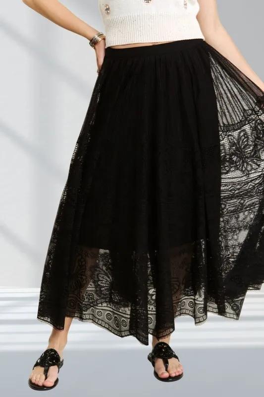 Elastic Waist Raw Hem Lace Maxi Skirt