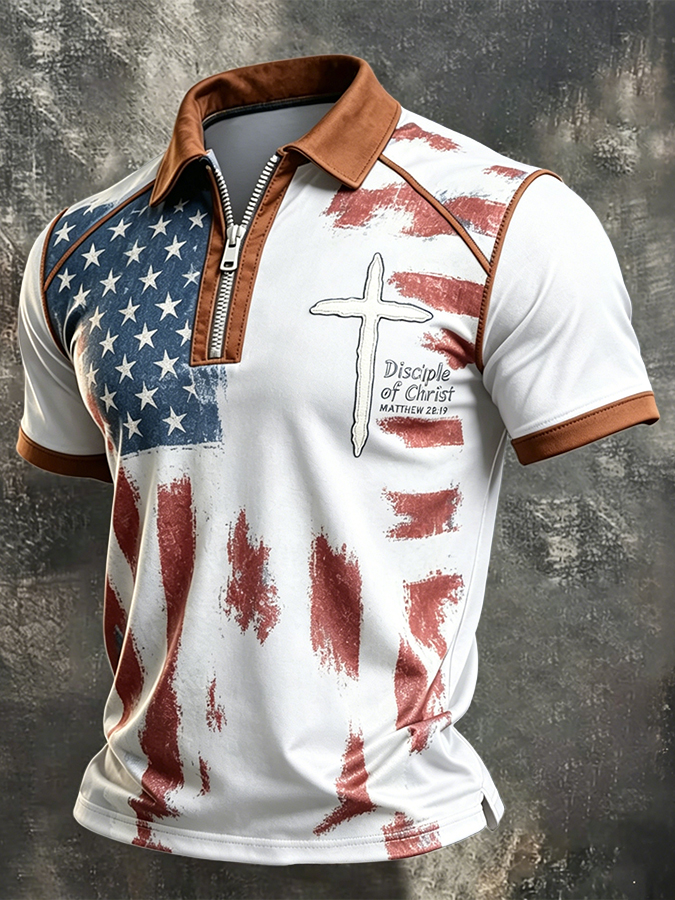 Disciple Of Christ Matthew 28:19 USA Flag Christian Zip Polo Shirt