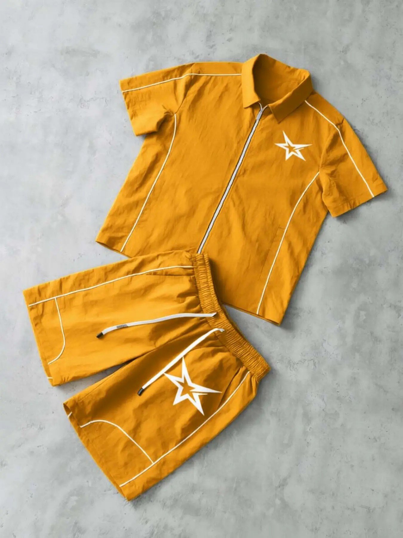 Stars Pattern Casual Set Short Sleeve Zipper Shirt + Gym Shorts Two-Piece Set